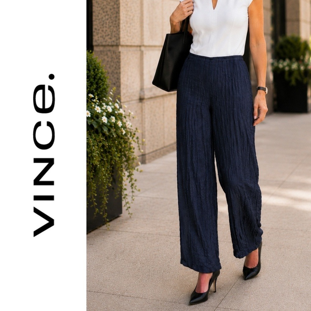 NWT, Vince., Crinkled Plissé Navy Pull-on Palazzo Textured Wide Leg Pant Size XL